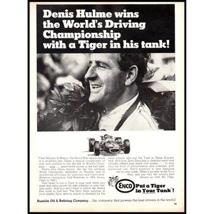1968 Enco Racing Oil Grand Prix Denis Hulme Vintage Print Ad Tiger Wall Art